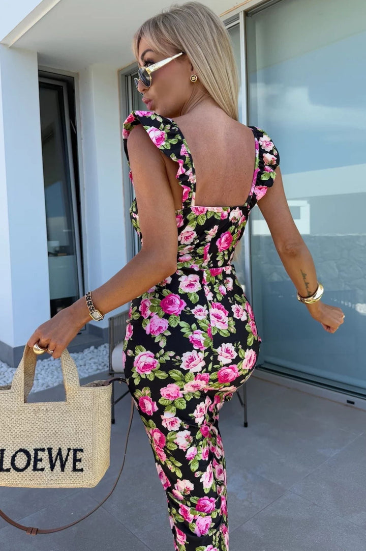 Floral print women's midi dress with a side slit, sweetheart neckline & ruffle straps, for summer.