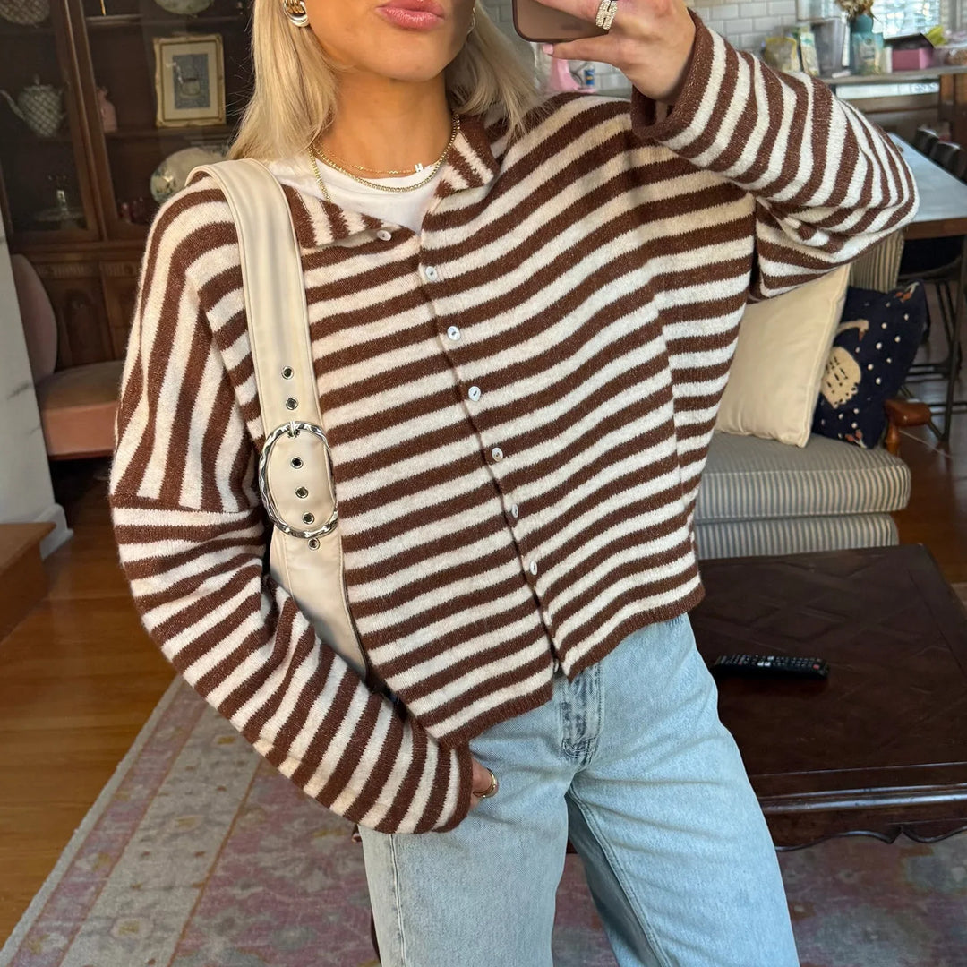 Women's chic striped button-front cardigan, perfect for elegant layering or casual everyday wear.