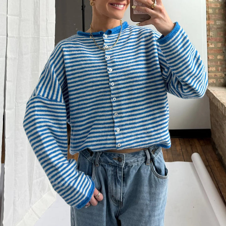Ladies' casual striped button-down cardigan, a comfortable and chic addition to any layered look.