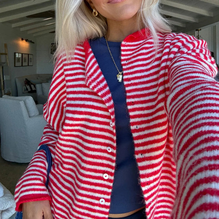 Chic women's striped cardigan for an elegant layered style, featuring a comfortable button front.