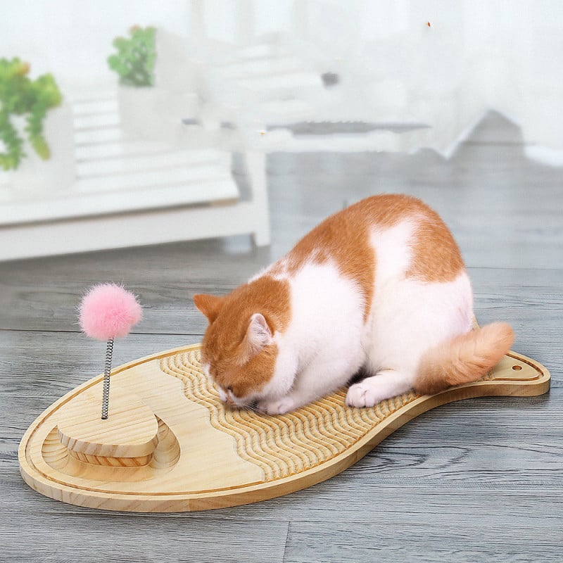 Wooden interactive cat scratching board with feather ball toy for playful cat enrichment