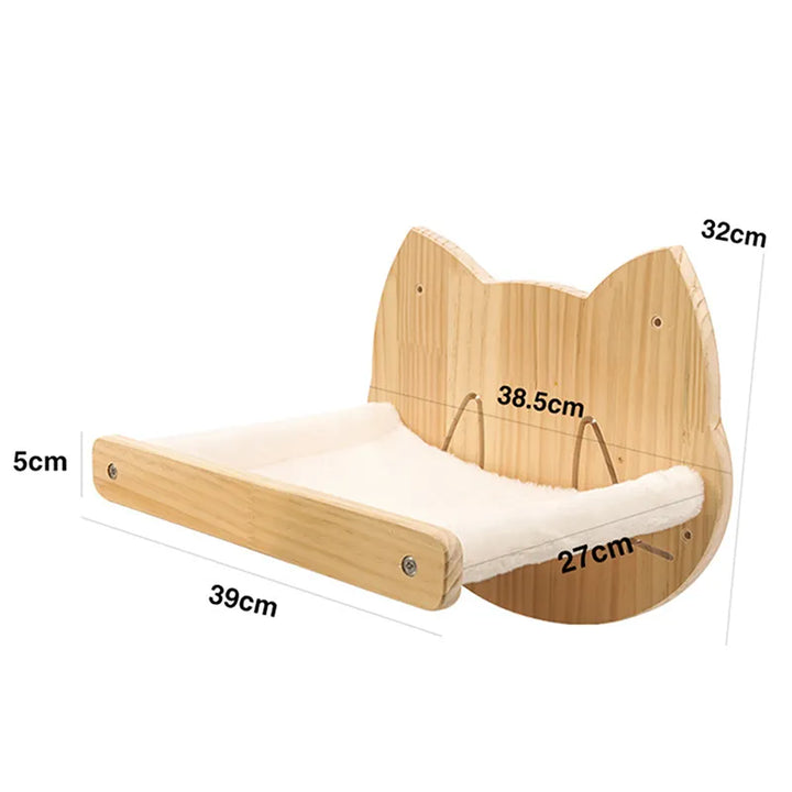 Feline accessory: wooden cat scratcher, high-up lounger, and stimulating toy for playful cats