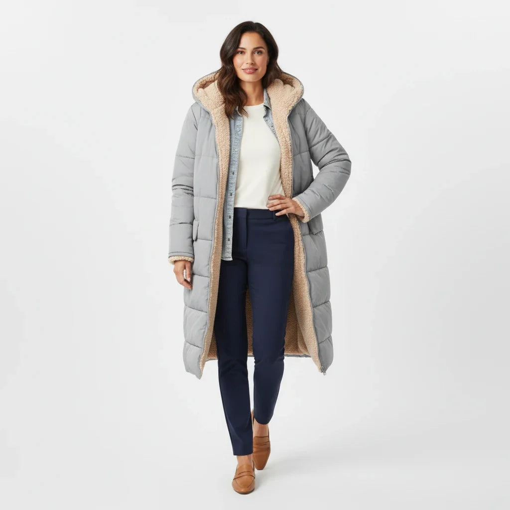 Women's stylish winter outerwear, a cozy hooded puffer jacket for warmth.