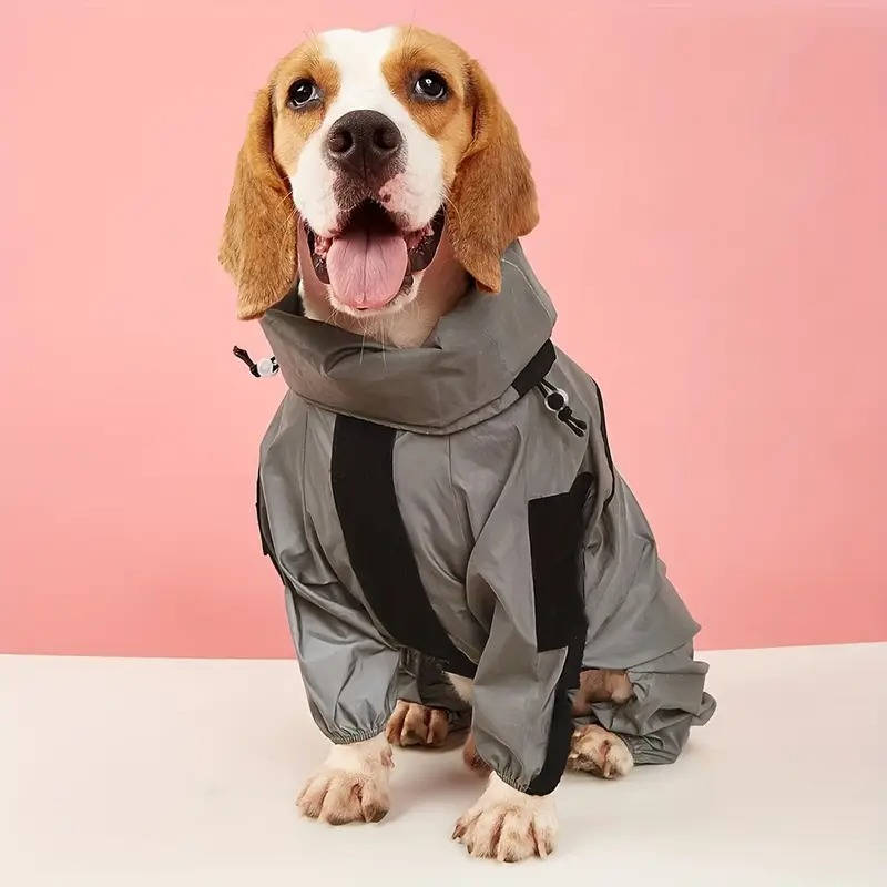 Adjustable hood of a dog raincoat, with pull strings, ensuring a snug fit for pet comfort.
