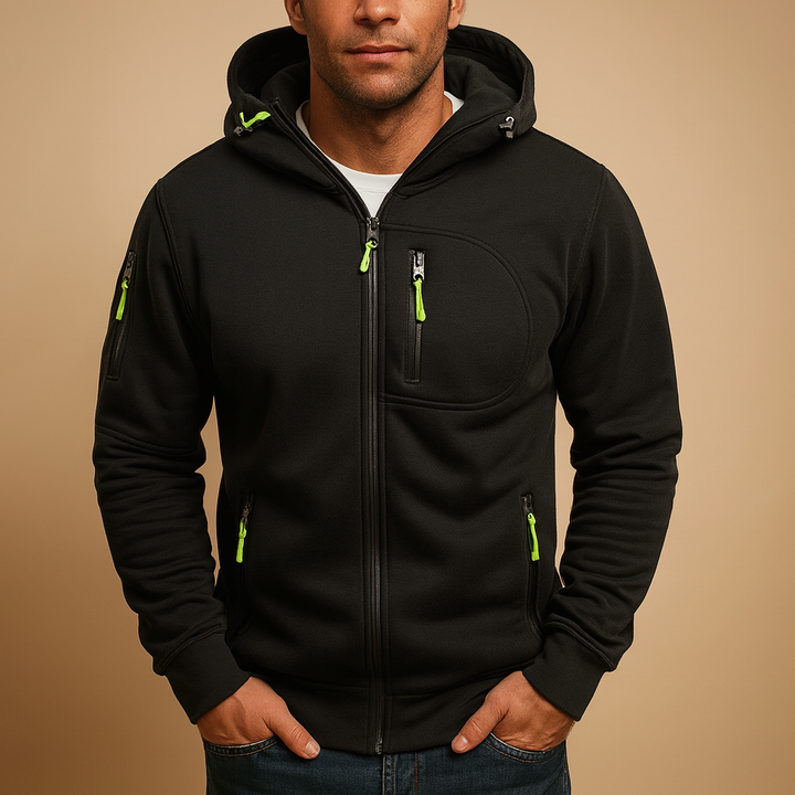 Men's comfortable navy zip-up hoodie with adjustable hood, perfect for everyday style & casual wear.