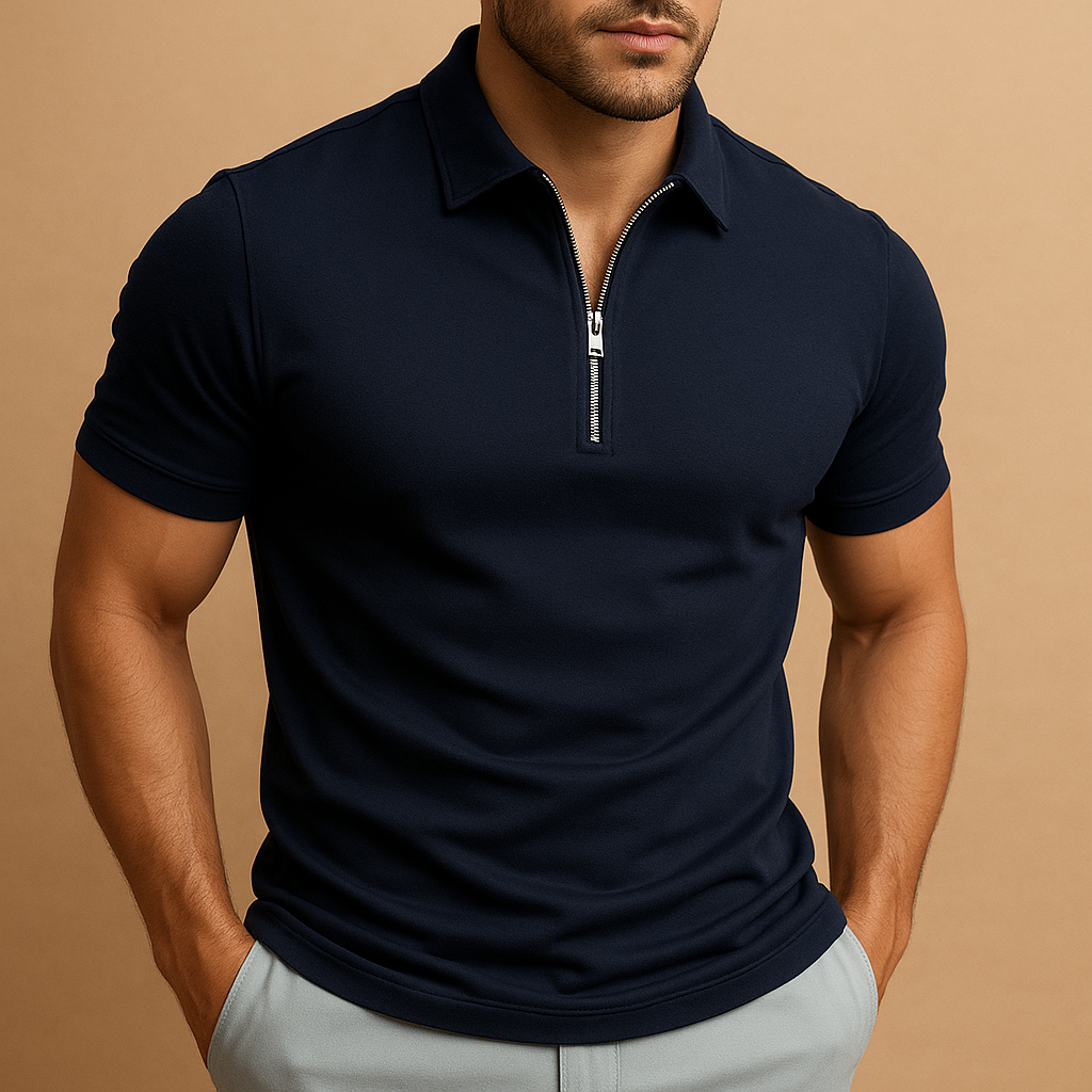 Black men's slim fit zipped polo shirt, designed for a tailored look & smart casual occasions.