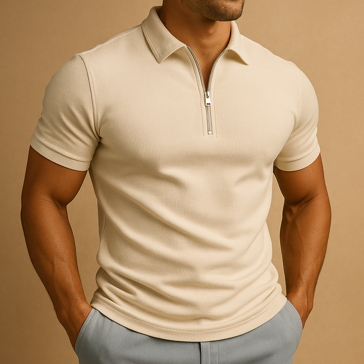 Effortless style: a stain-resistant men's slim fit polo with a practical zip placket.