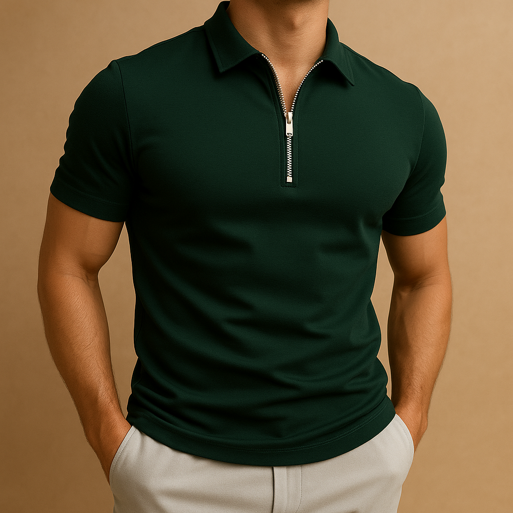 Stylish men's casual top: a versatile slim fit polo with zip, offering both comfort & style.